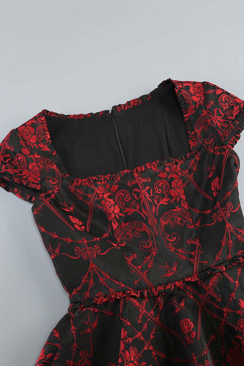 Square Neck Jacquard Mini Dress in Black Red Avalabel