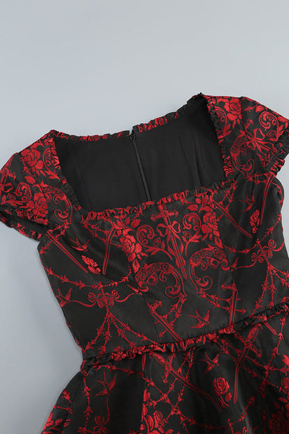 Square Neck Jacquard Mini Dress in Black Red Avalabel