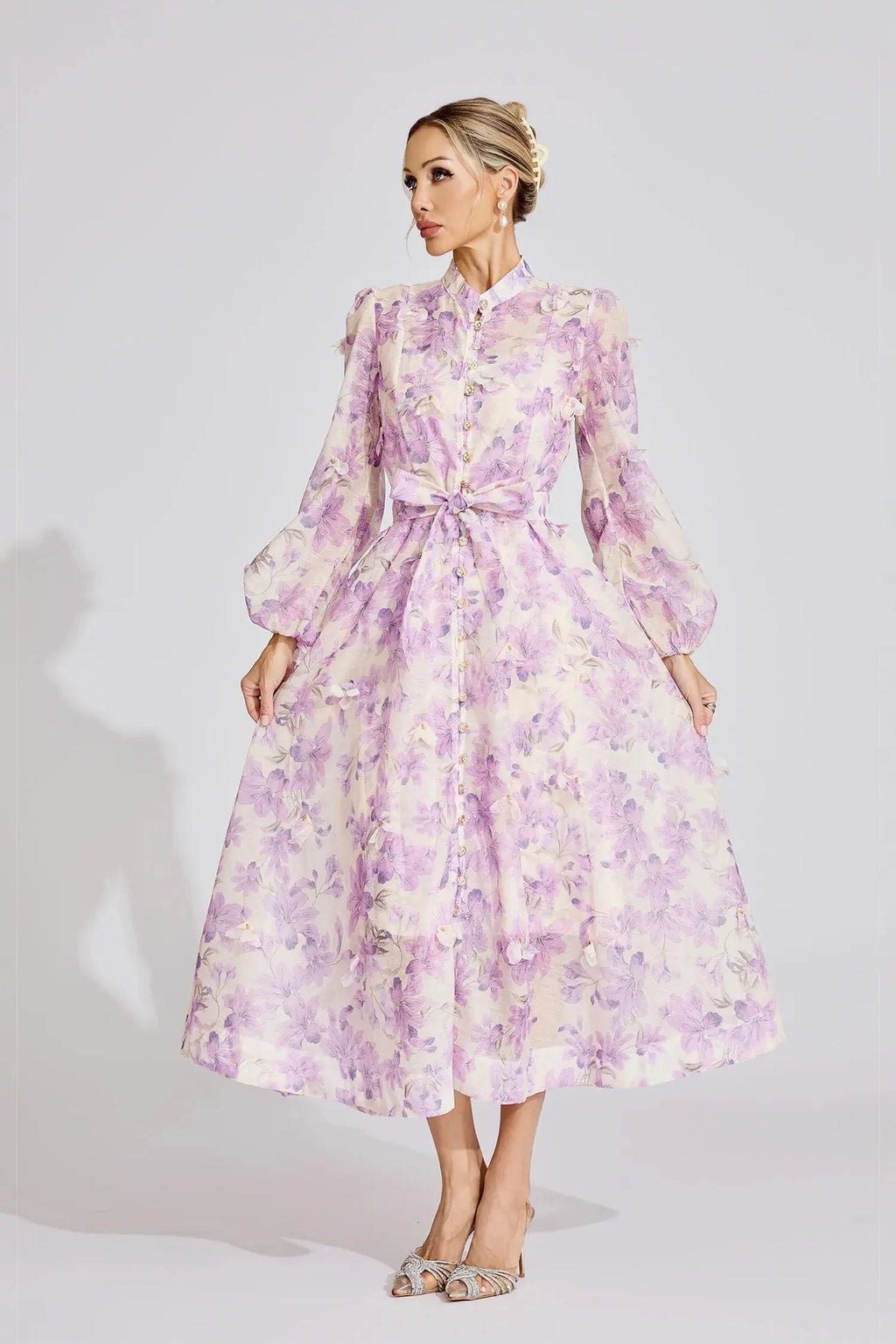 simona Floral print lantern sleeve Maxi Dress in purple Avalabel