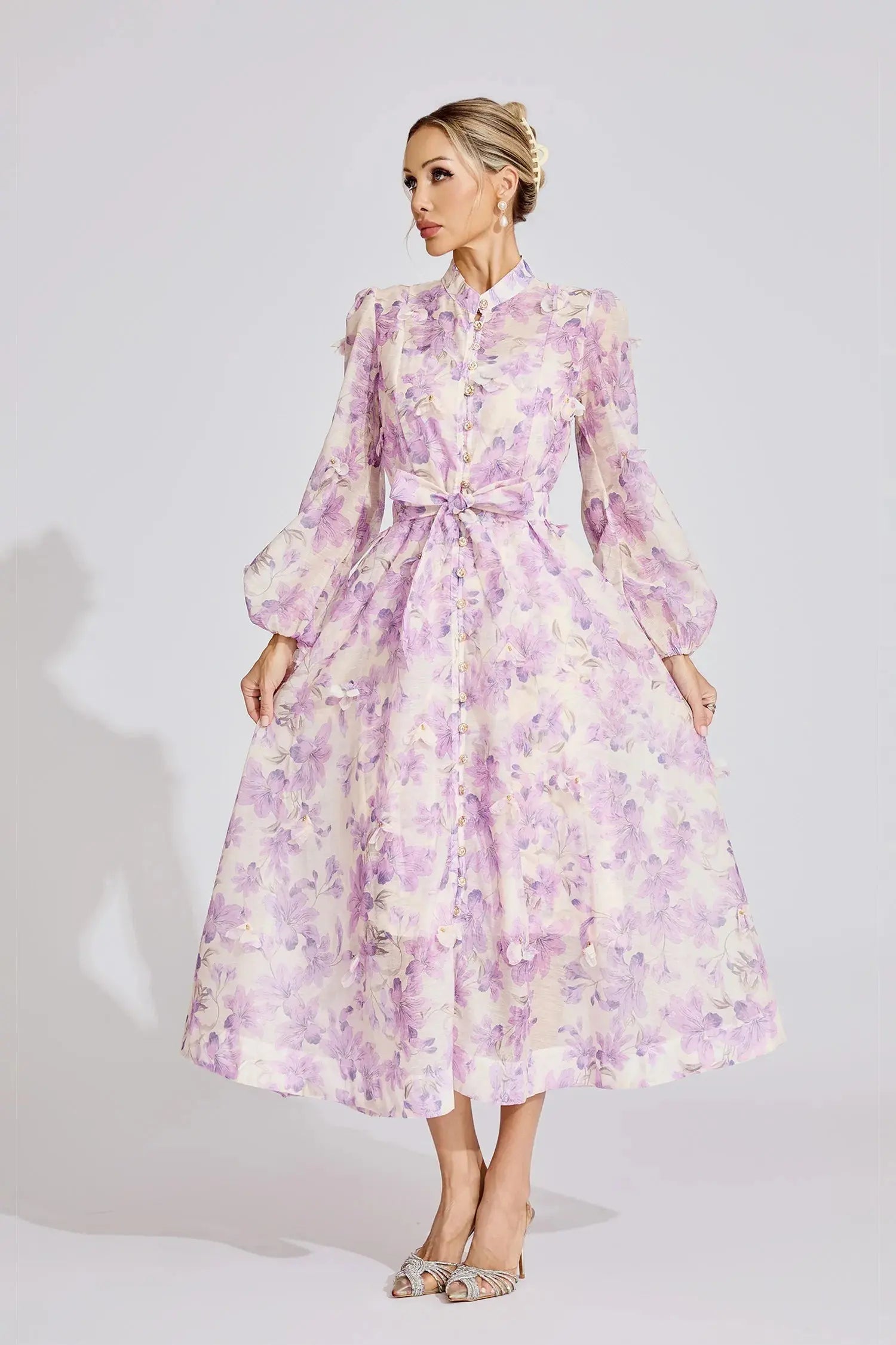 simona Floral print lantern sleeve Maxi Dress in purple Avalabel