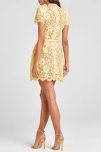 Hollow Lace Bow Belt Mini Dress in Yellow Avalabel