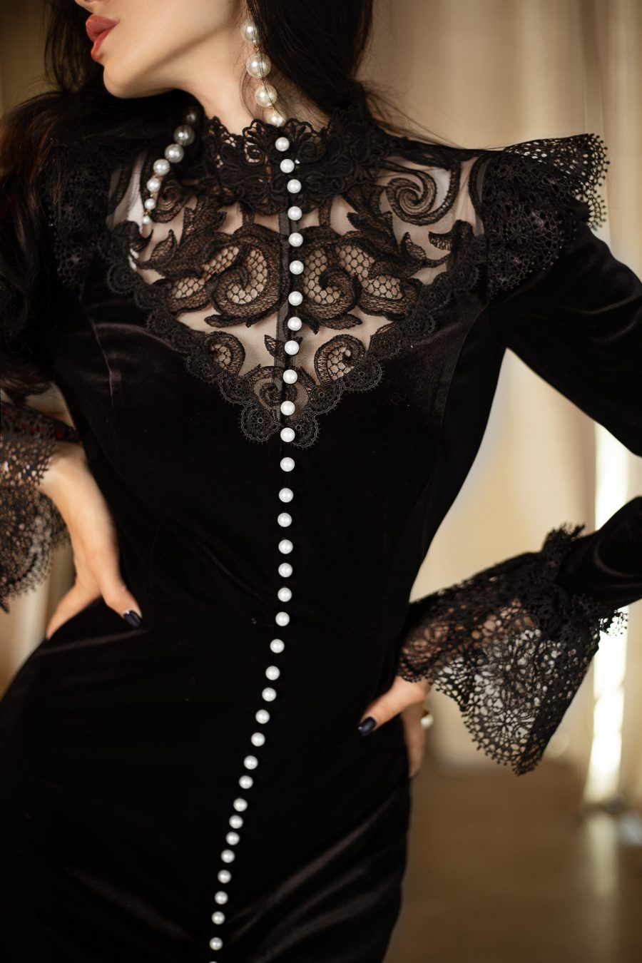 pandora black long sleeve Velvet midi dress with lace and pearls Avalabel