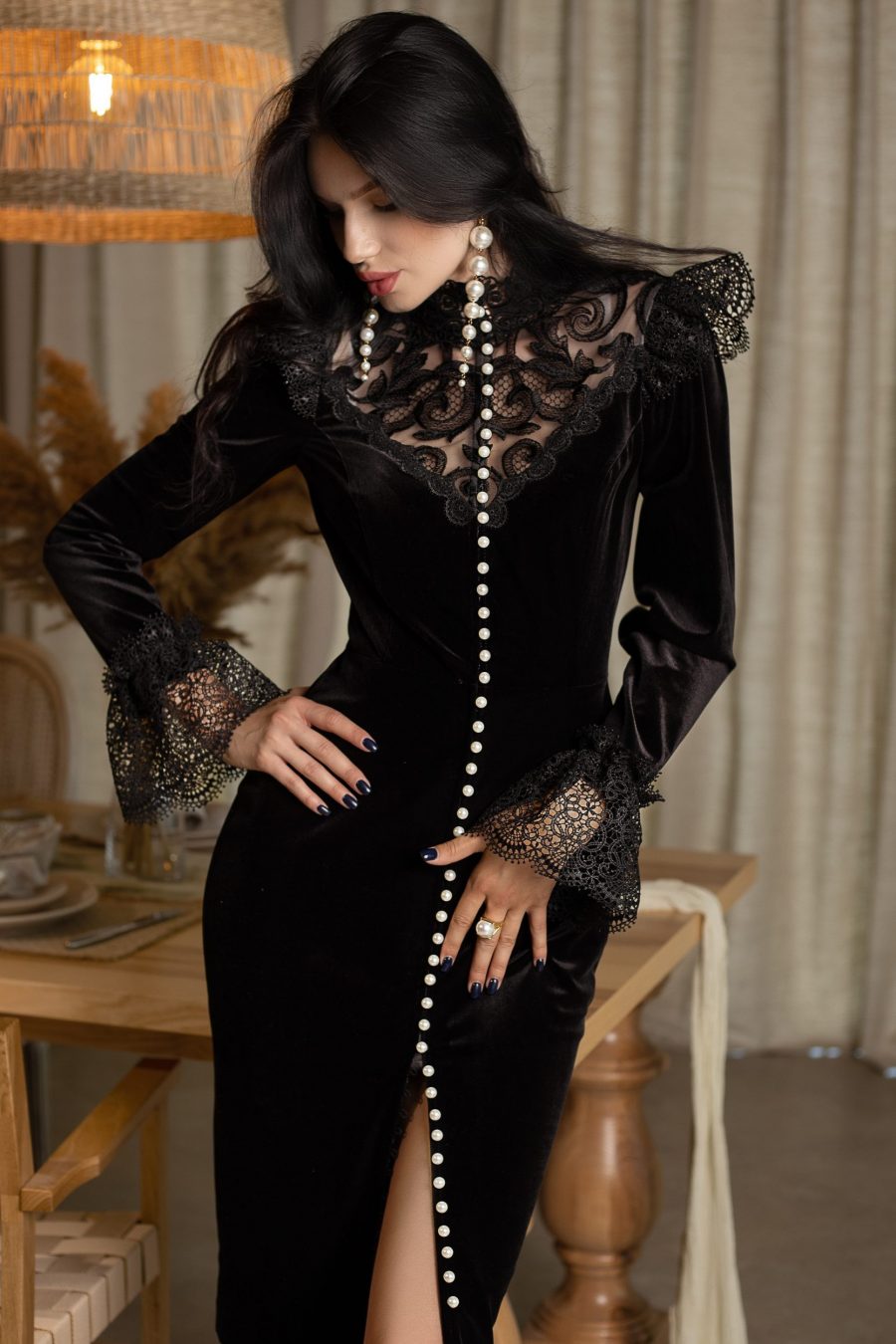 pandora black long sleeve Velvet midi dress with lace and pearls Avalabel