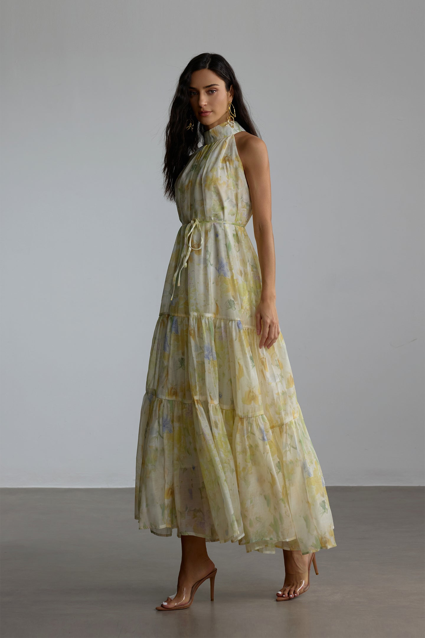 Caroline Floral Print Sleeveless Maxi Dress in Yellow Avalabel