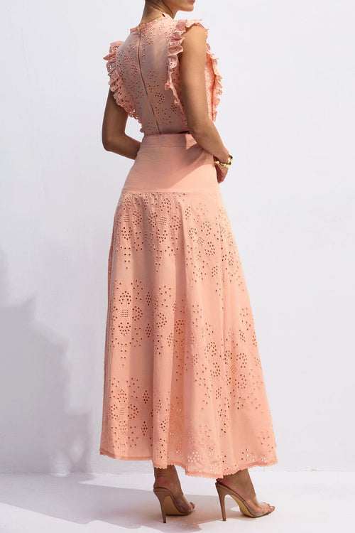 Bonnie V-Neck Embroidery Crop Top & Skirt Set in Orange Avalabel