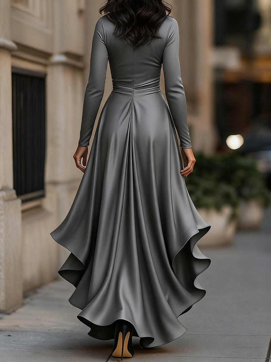Midnight Blue Draped Satin Maxi Dress With Ruffle Details Avalabel