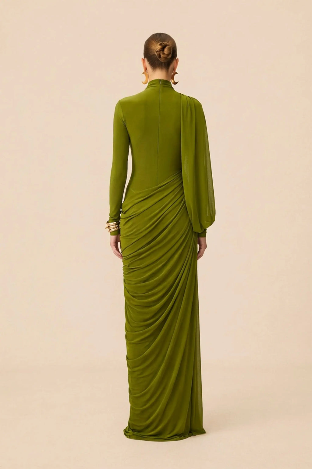 liz High Neck Asymmetric Drape ruched Maxi Dress in green Avalabel