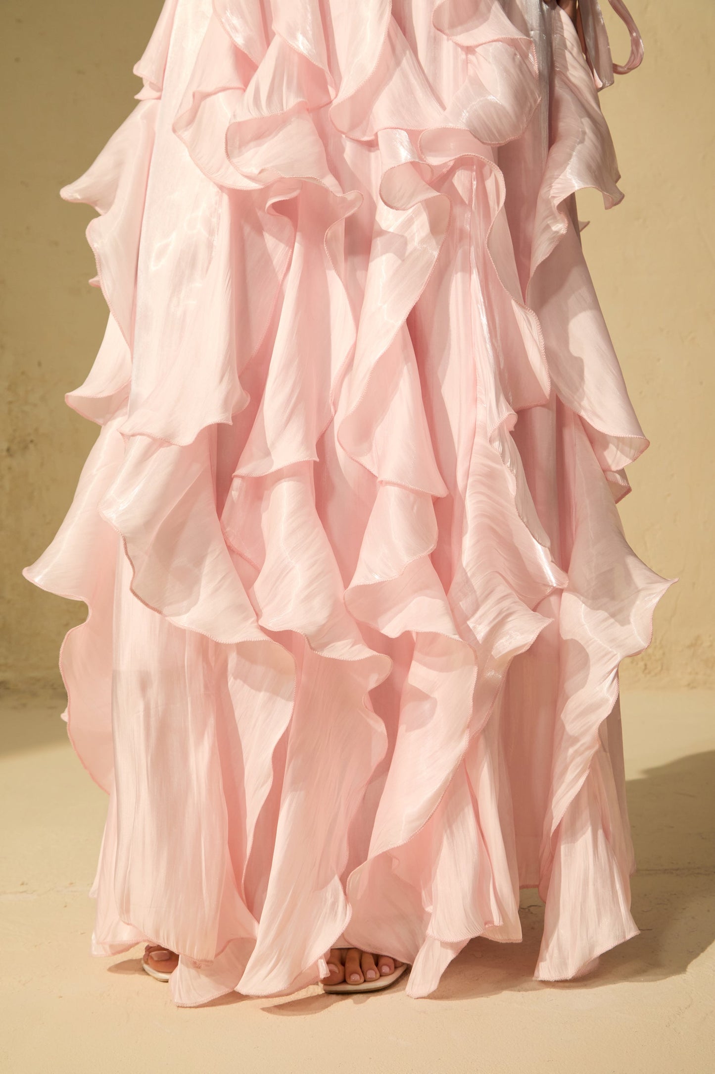 Pandora Puff Sleeve Ruffle Trim Maxi Dress in Pink