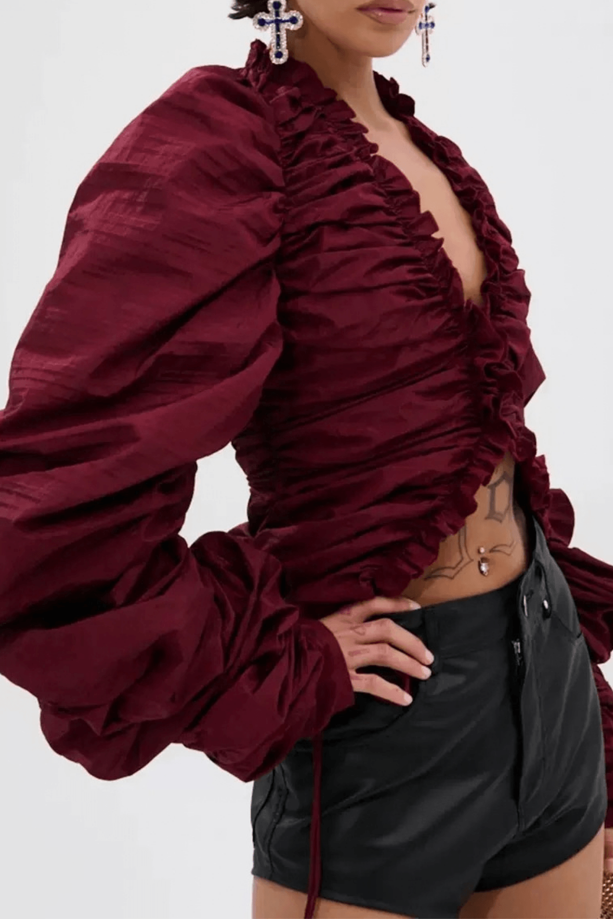Burgundy Ruched Puff Sleeve Crop Blouse Avalabel