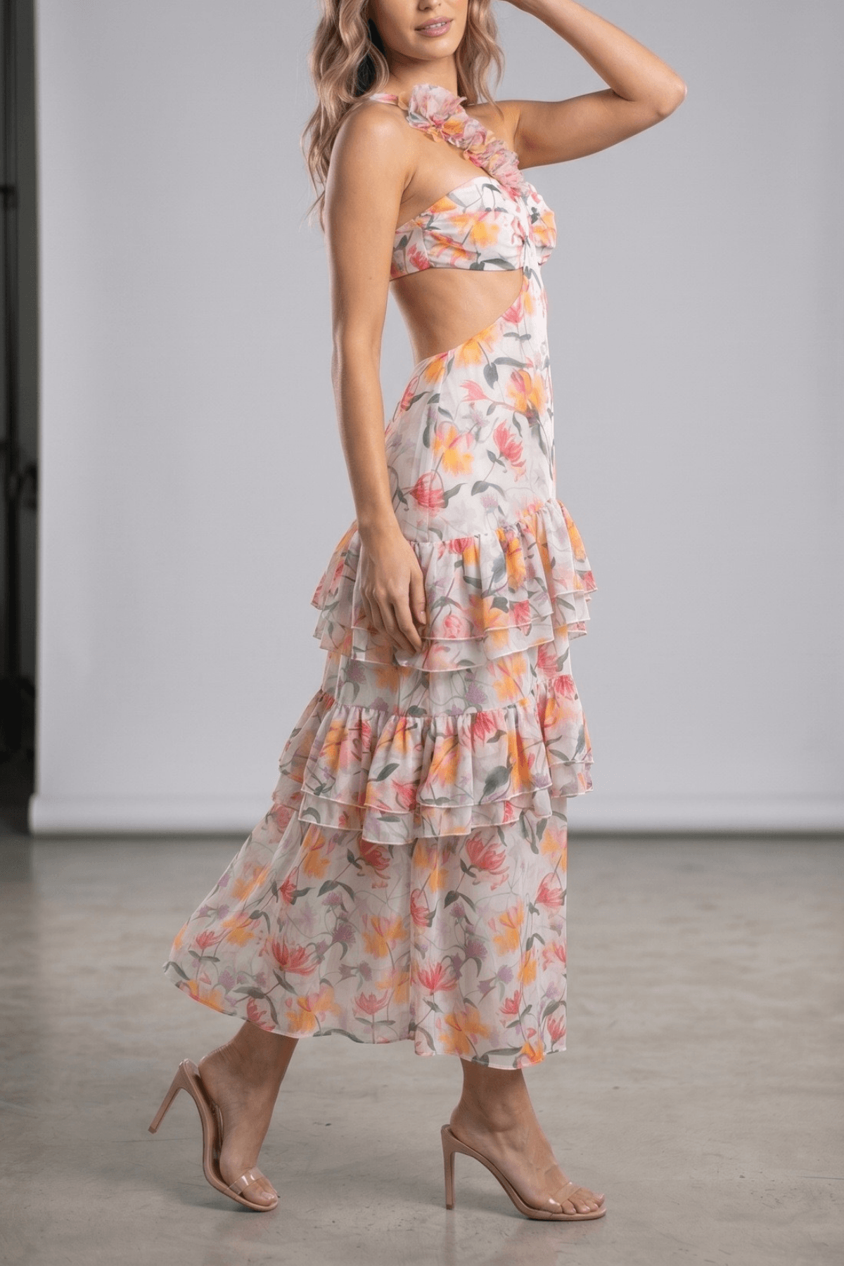 Livia Floral One Shoulder Tiered Dress Avalabel