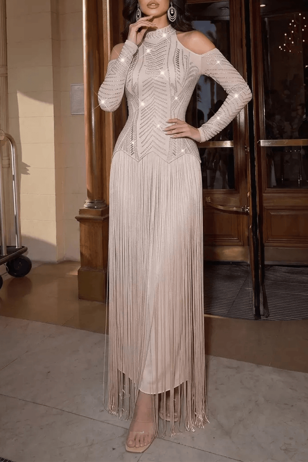 Sylvia Champagne Cold‑Shoulder Rhinestone Fringe Dress Avalabel