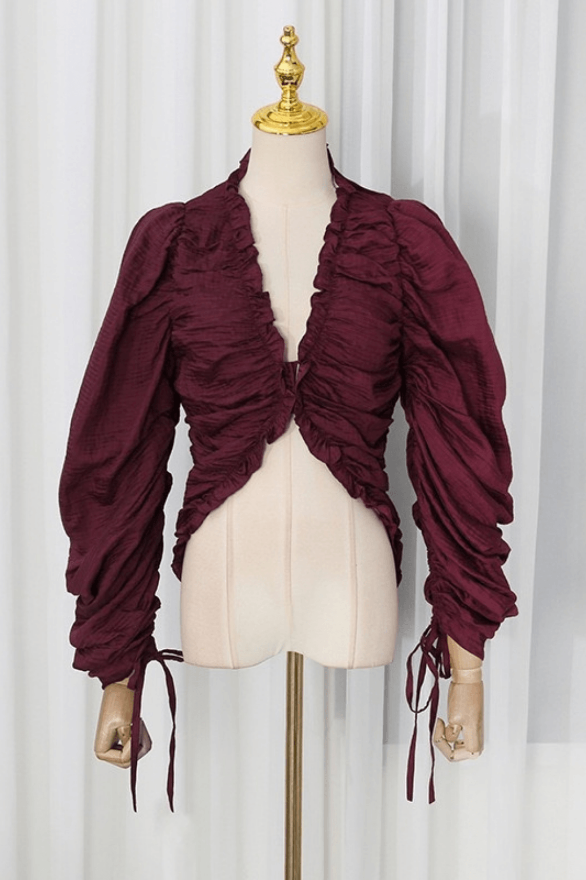 Burgundy Ruched Puff Sleeve Crop Blouse Avalabel