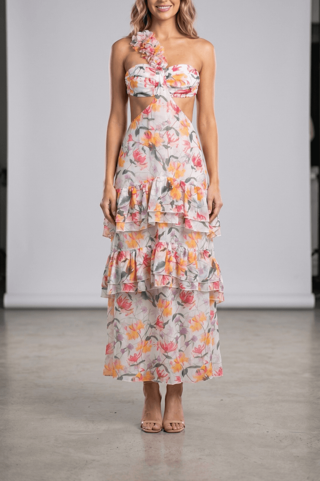 Livia Floral One Shoulder Tiered Dress Avalabel