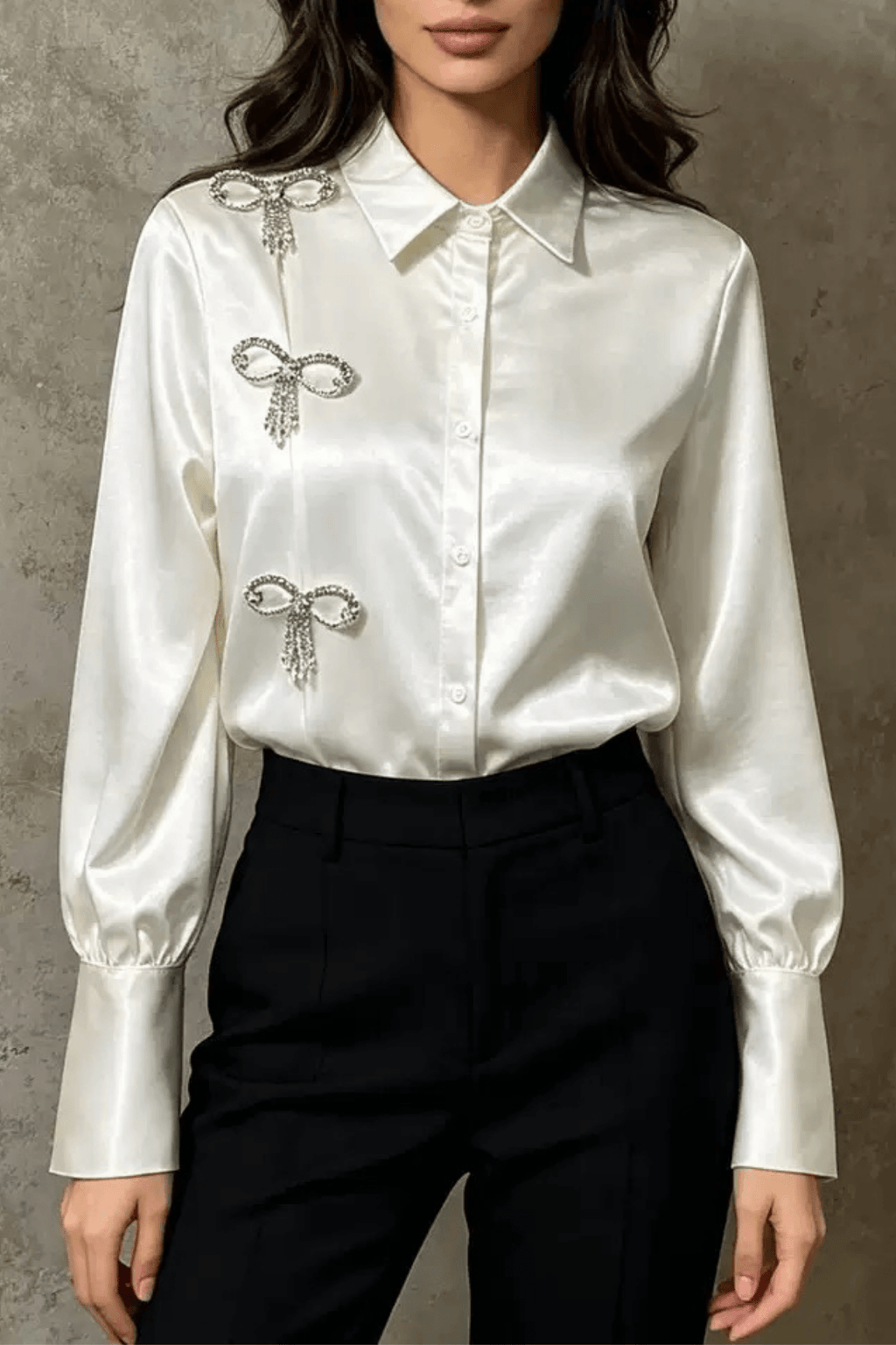 Daphne Rhinestone Bow Satin Long Sleeve Shirt Avalabel
