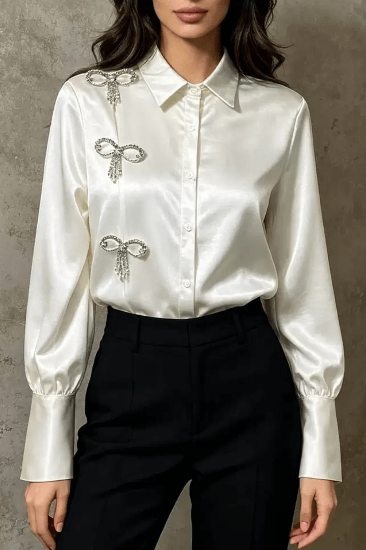 Daphne Rhinestone Bow Satin Long Sleeve Shirt Avalabel