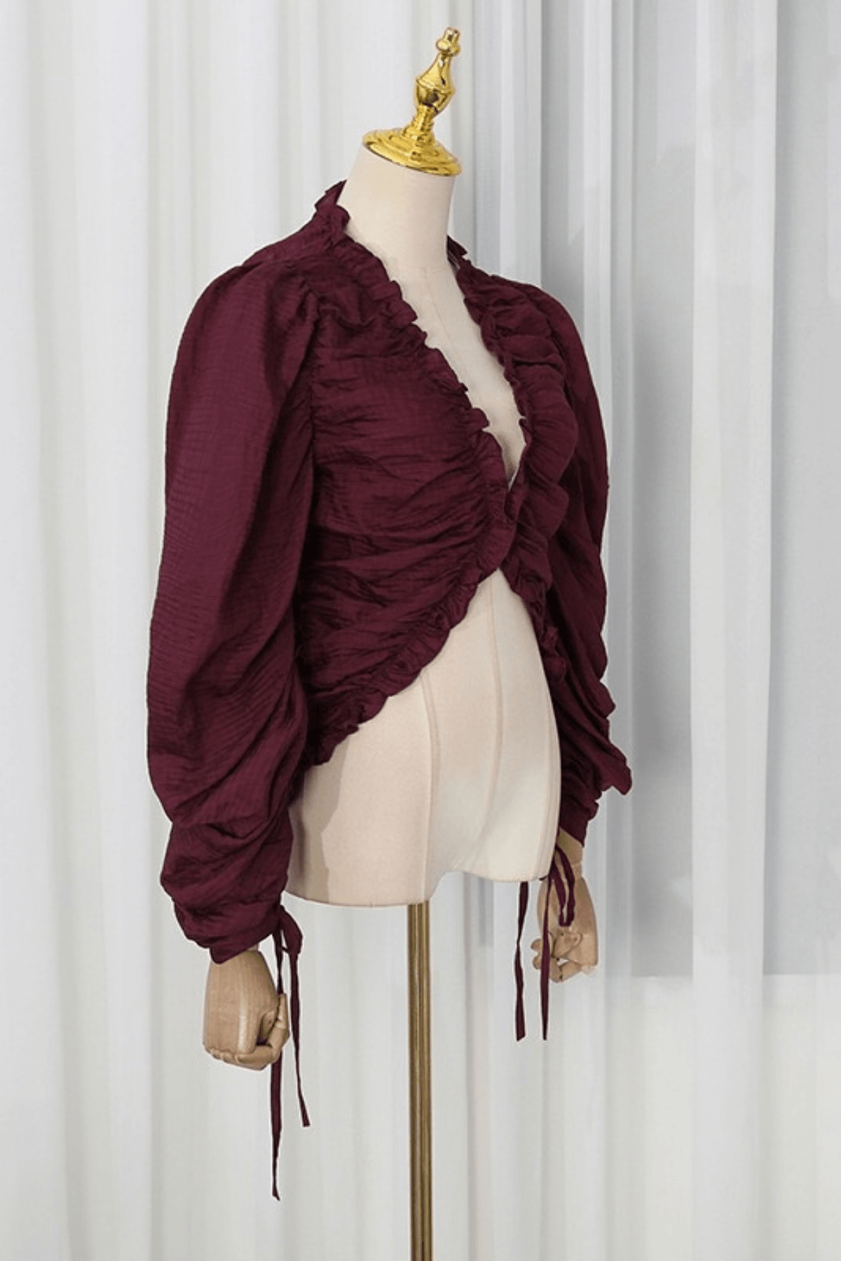 Burgundy Ruched Puff Sleeve Crop Blouse Avalabel