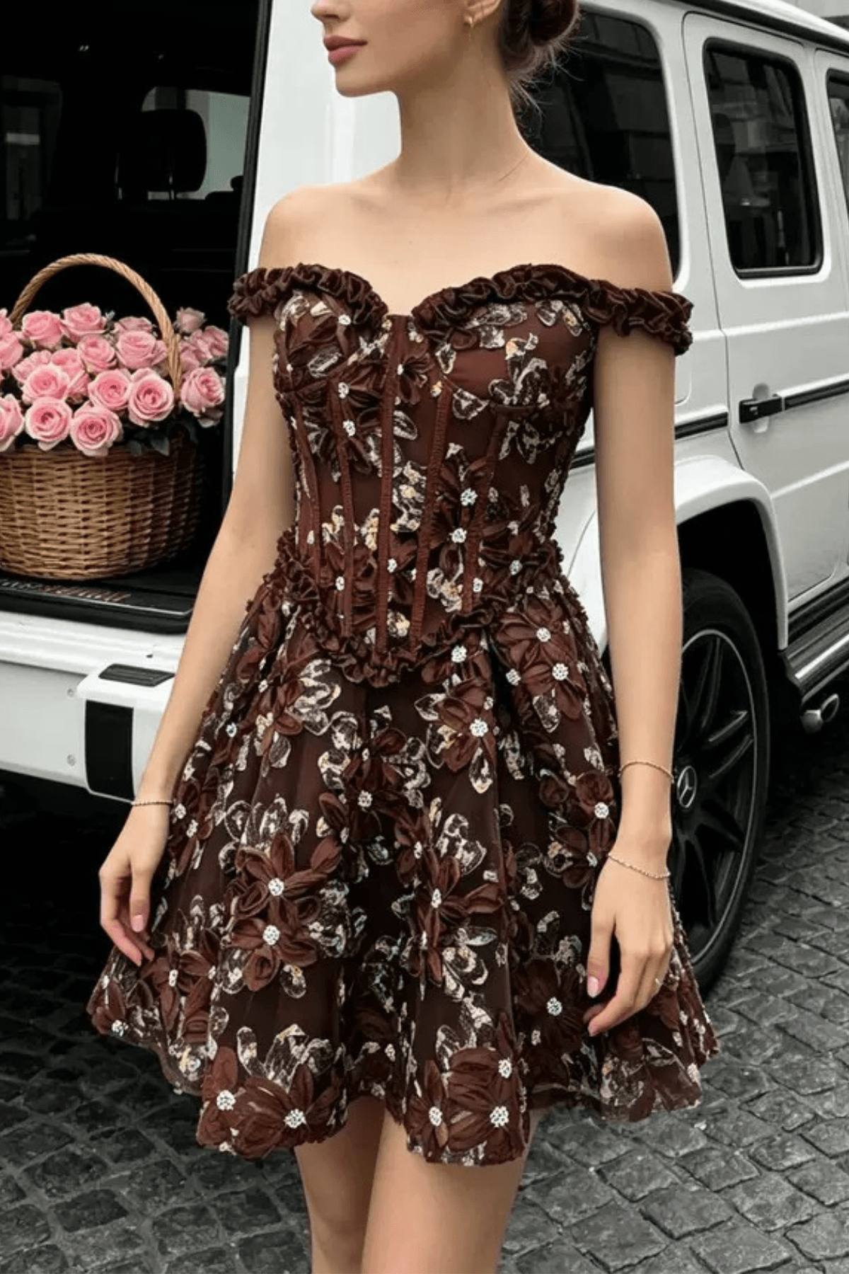 Mary Brown Strapless Corset 3D Floral Mini Dress Avalabel