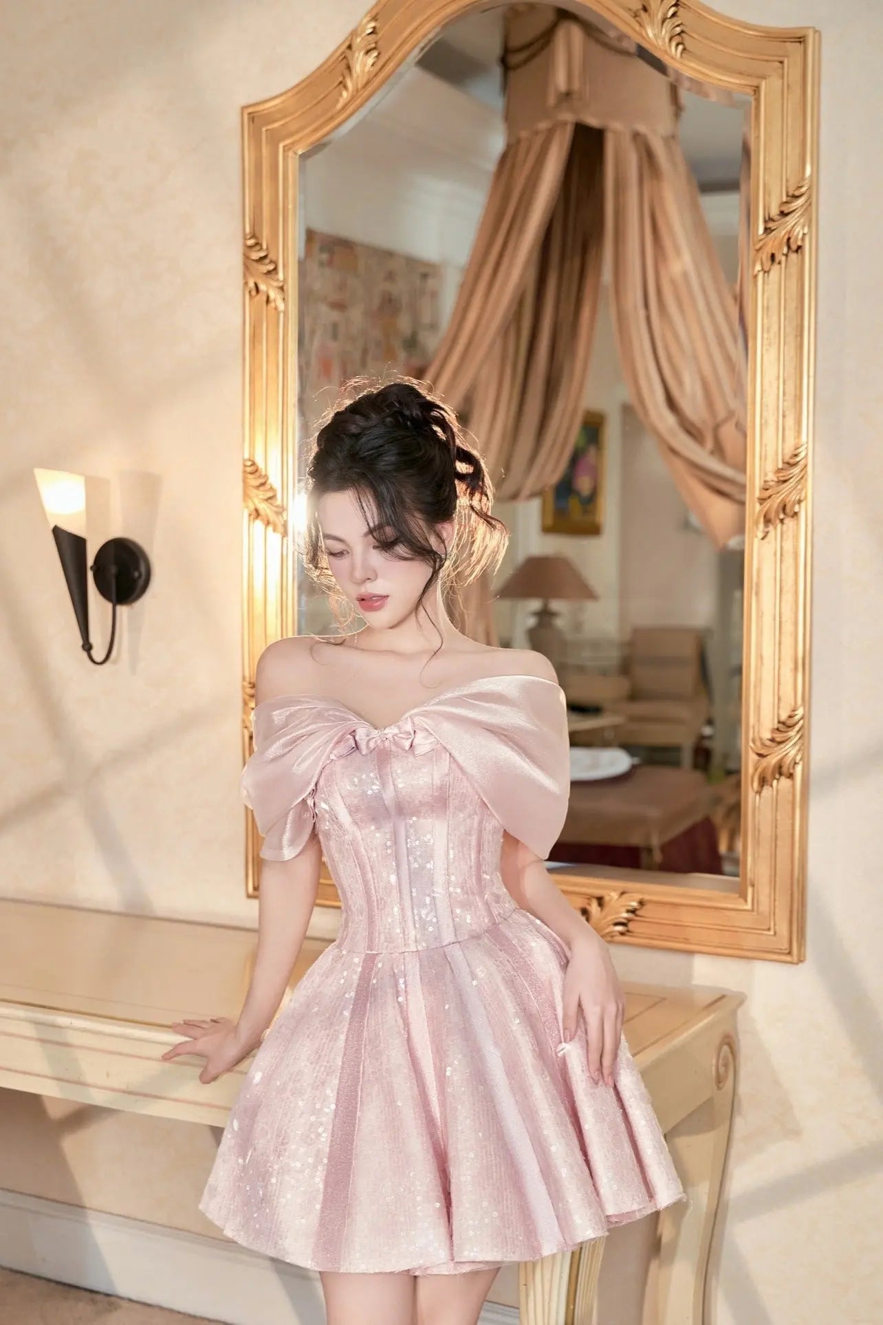 STRAPLESS SEQUIN MINI DRESS IN PINK Avalabel