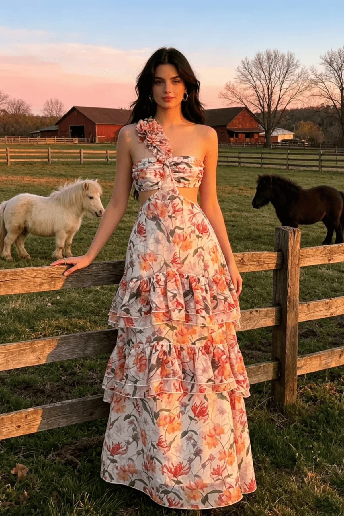 Livia Floral One Shoulder Tiered Dress Avalabel