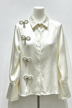 Daphne Rhinestone Bow Satin Long Sleeve Shirt Avalabel