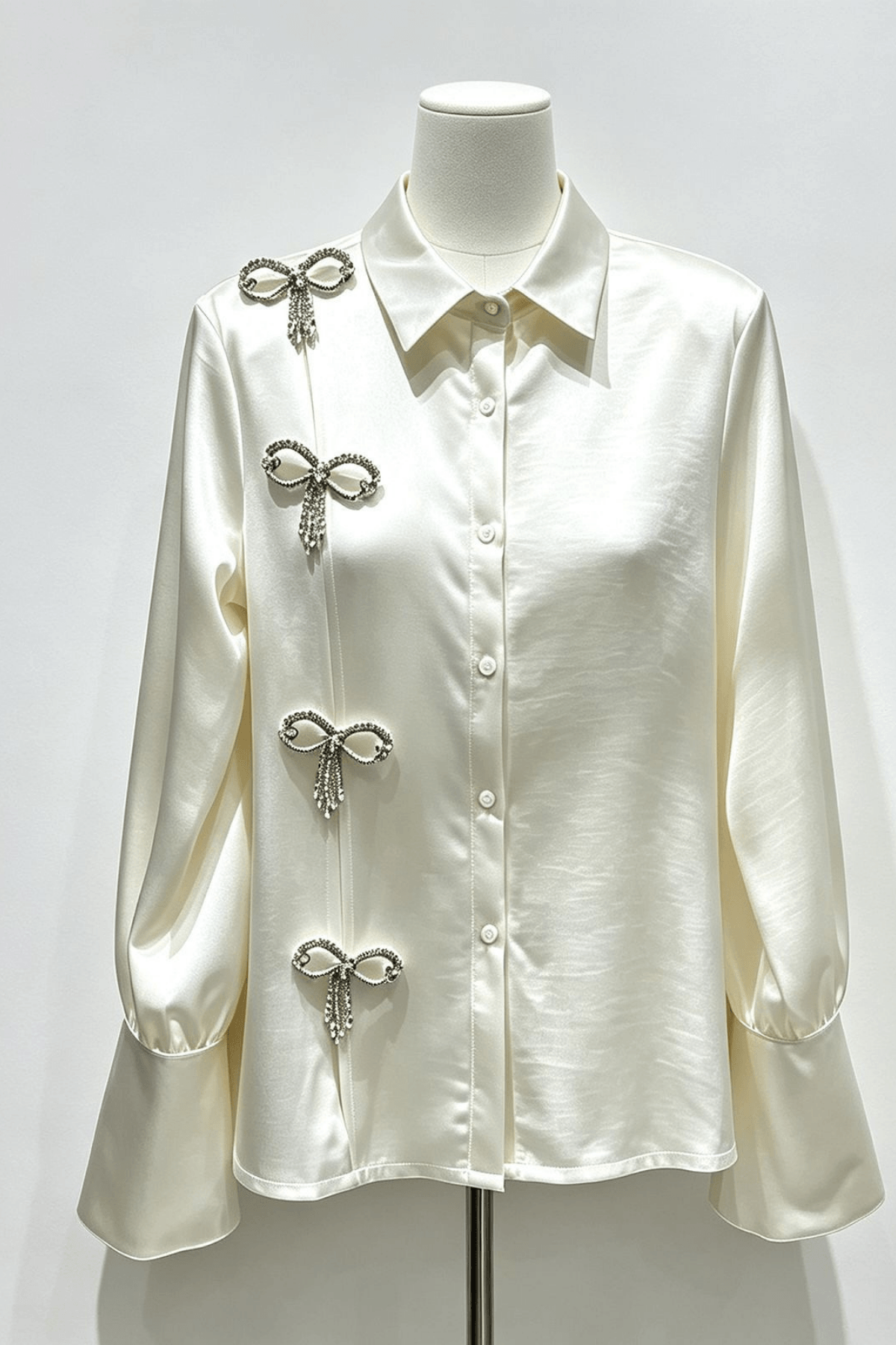 Daphne Rhinestone Bow Satin Long Sleeve Shirt Avalabel