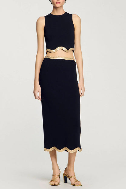 Black Long Knitted Skirt with Chain Detail
