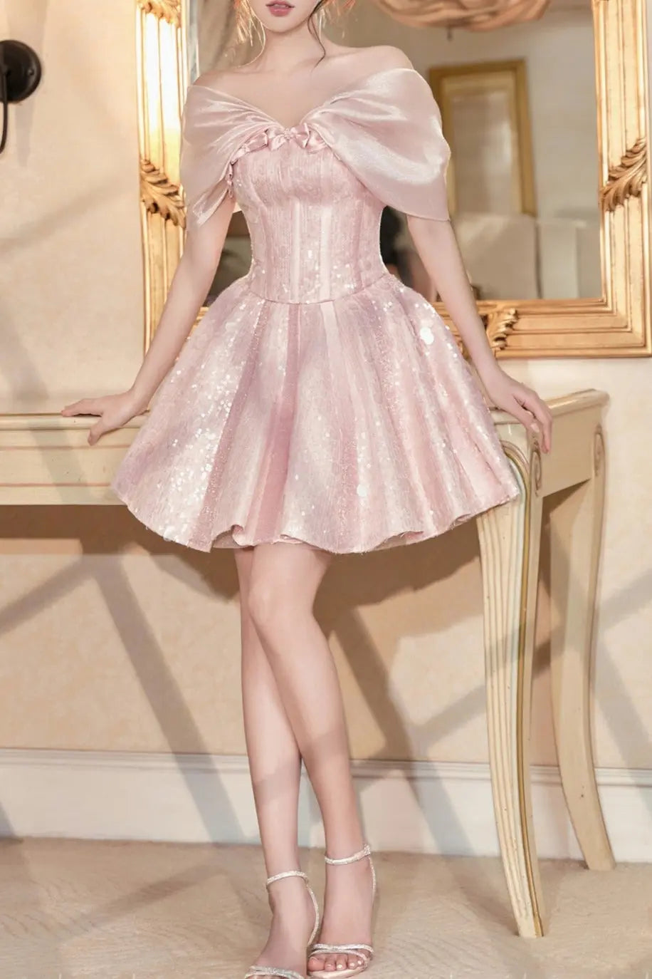 STRAPLESS SEQUIN MINI DRESS IN PINK Avalabel