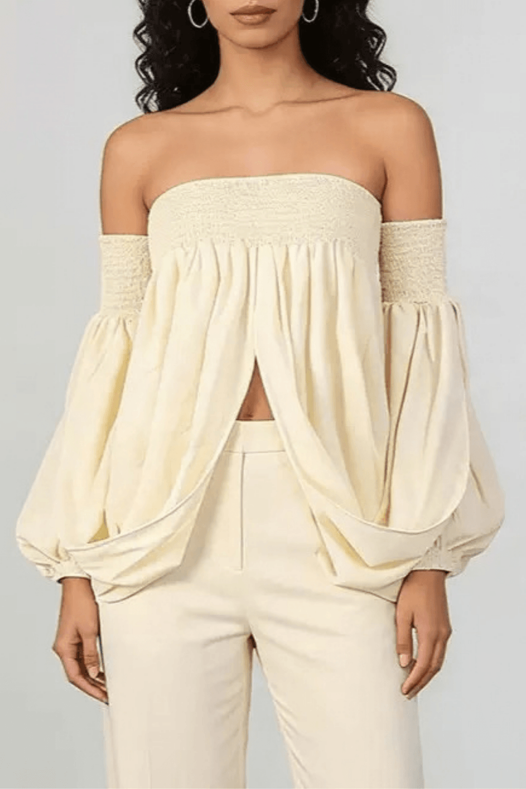 Off Shoulder Smocked Balloon Sleeve Top Avalabel