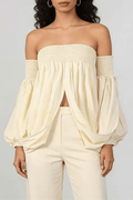 Off Shoulder Smocked Balloon Sleeve Top Avalabel