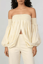 Off Shoulder Smocked Balloon Sleeve Top Avalabel