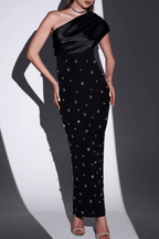 Novia Black One‑Shoulder Satin Rhinestone Dress Avalabel