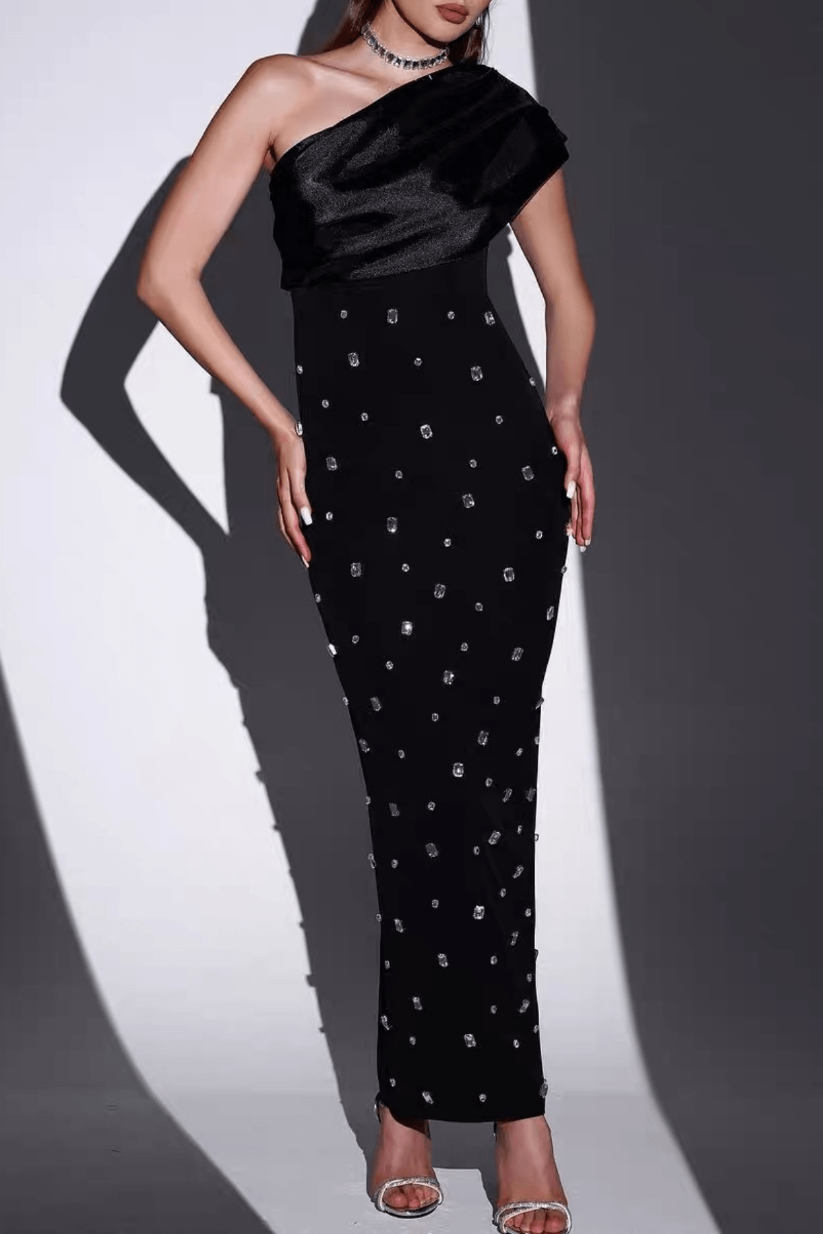 Novia Black One‑Shoulder Satin Rhinestone Dress Avalabel