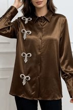 Daphne Rhinestone Bow Satin Long Sleeve Shirt Avalabel