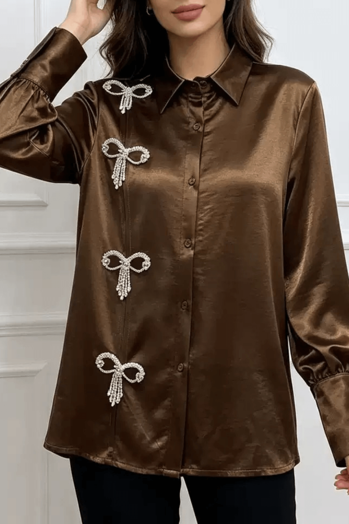 Daphne Rhinestone Bow Satin Long Sleeve Shirt Avalabel