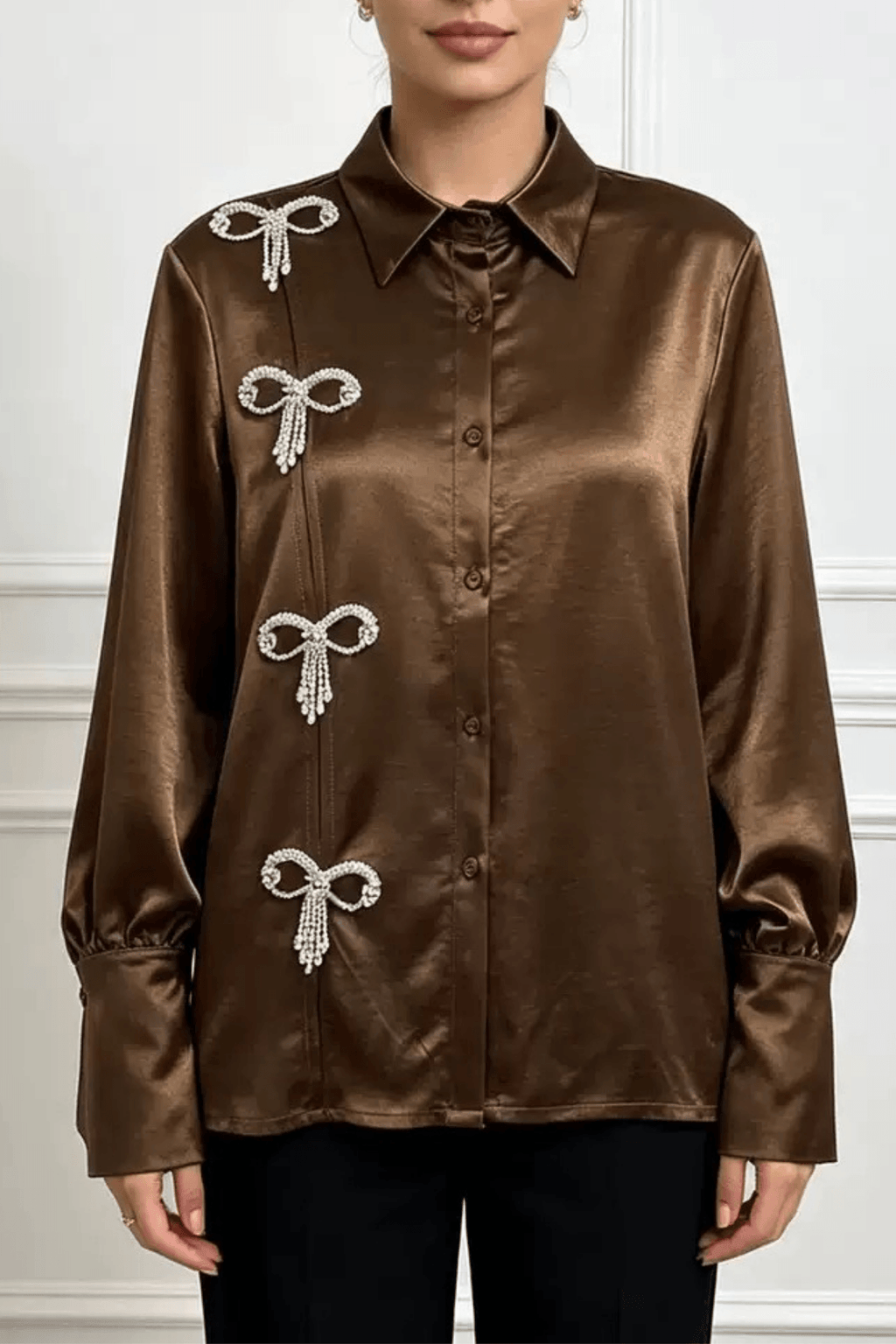 Daphne Rhinestone Bow Satin Long Sleeve Shirt Avalabel