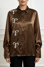Daphne Rhinestone Bow Satin Long Sleeve Shirt Avalabel