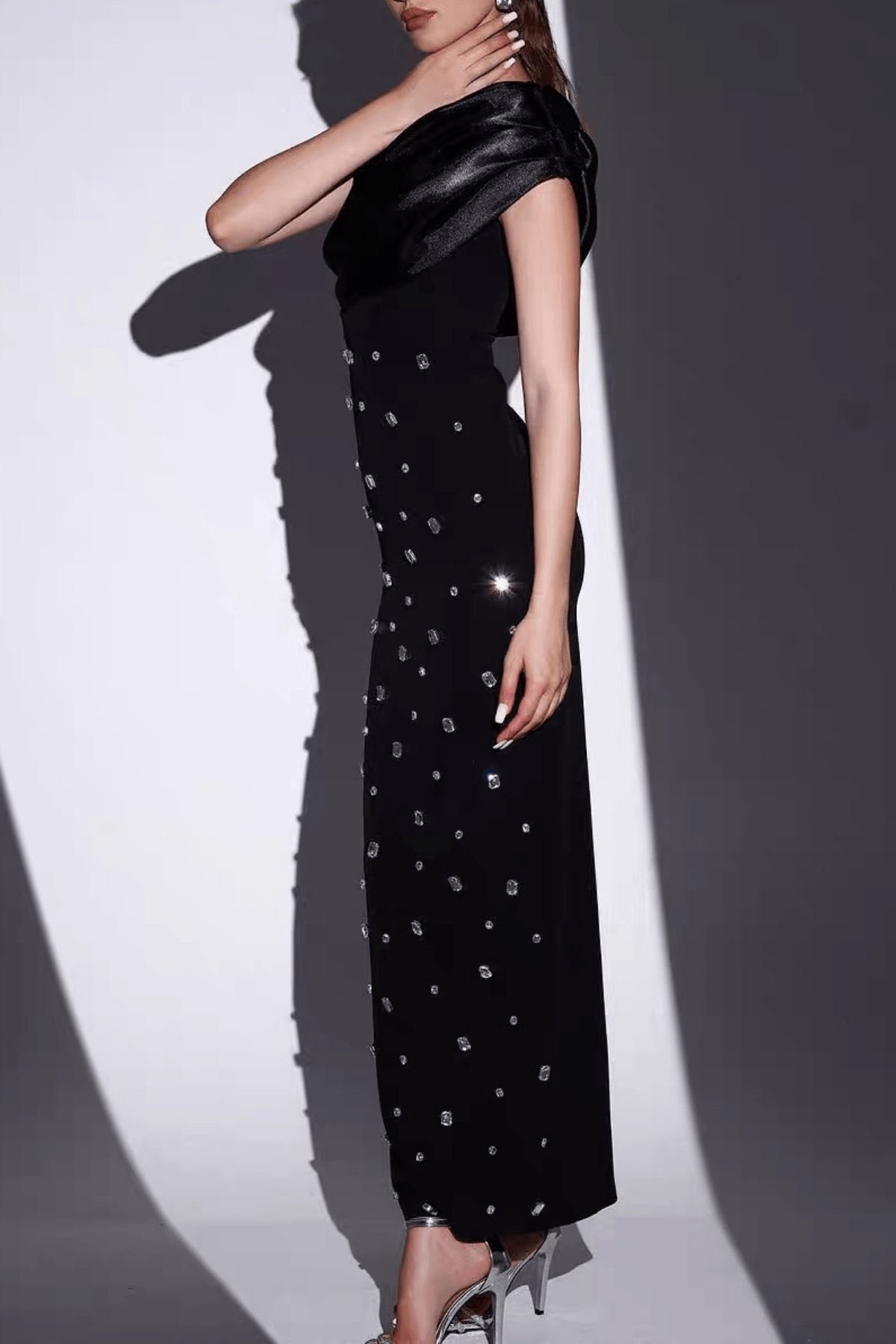 Novia Black One‑Shoulder Satin Rhinestone Dress Avalabel