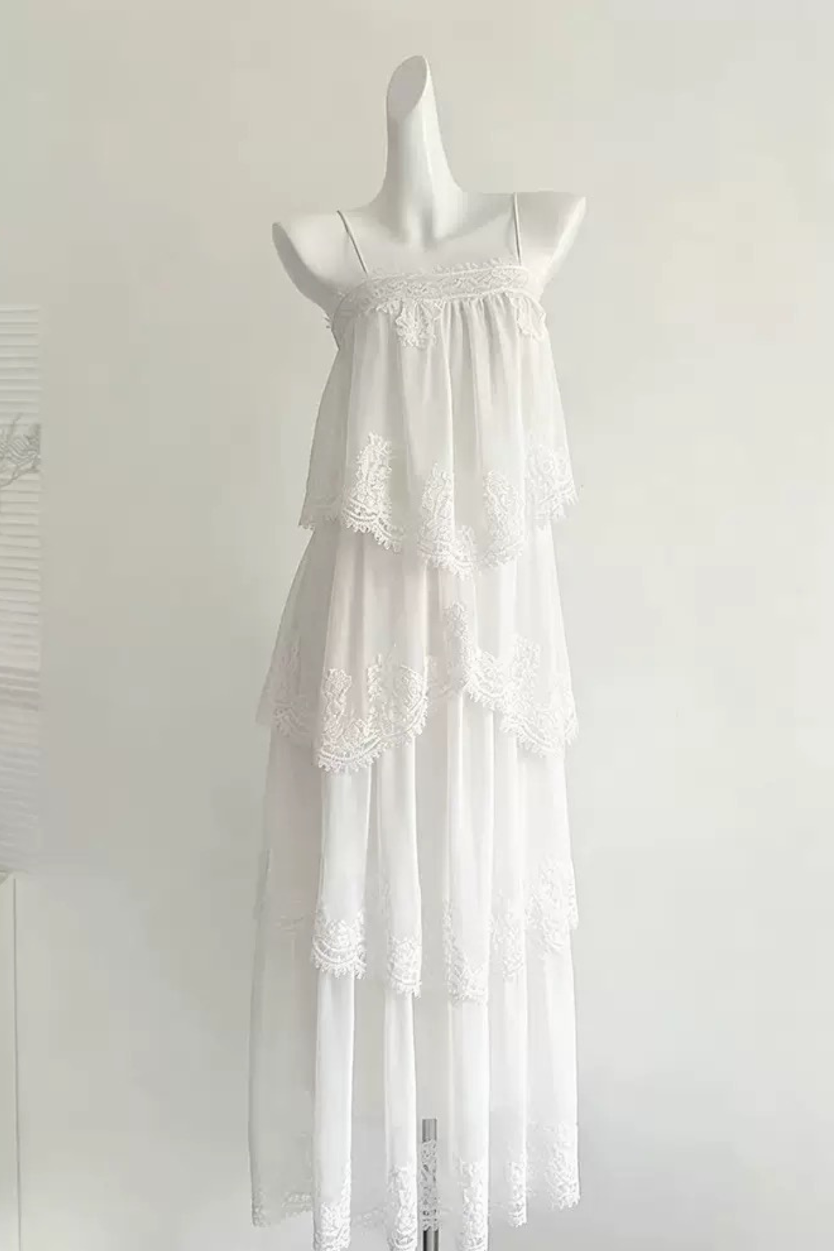White Tiered Lace Spaghetti Strap Maxi Dress Avalabel