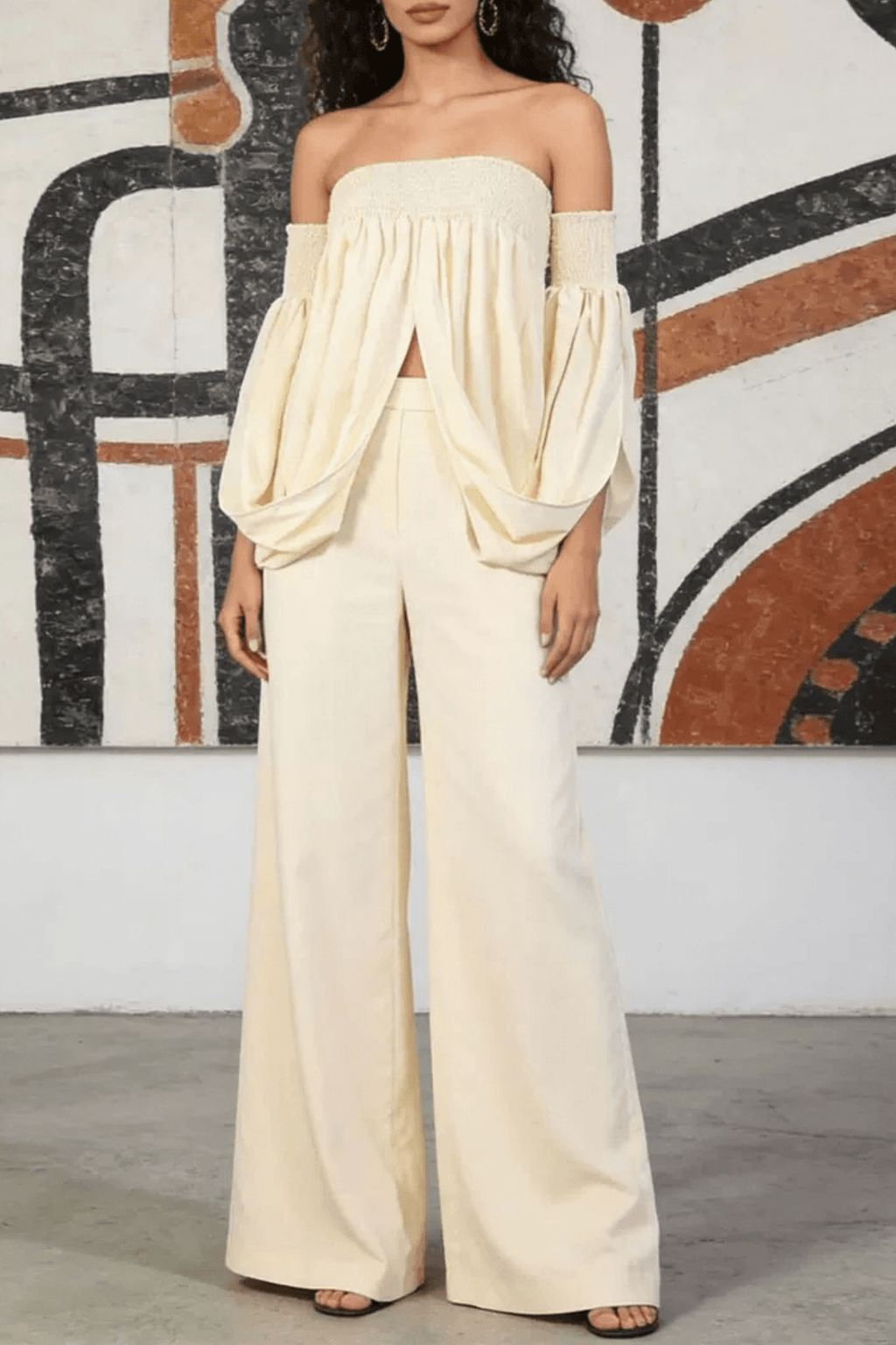 Off Shoulder Smocked Balloon Sleeve Top Avalabel