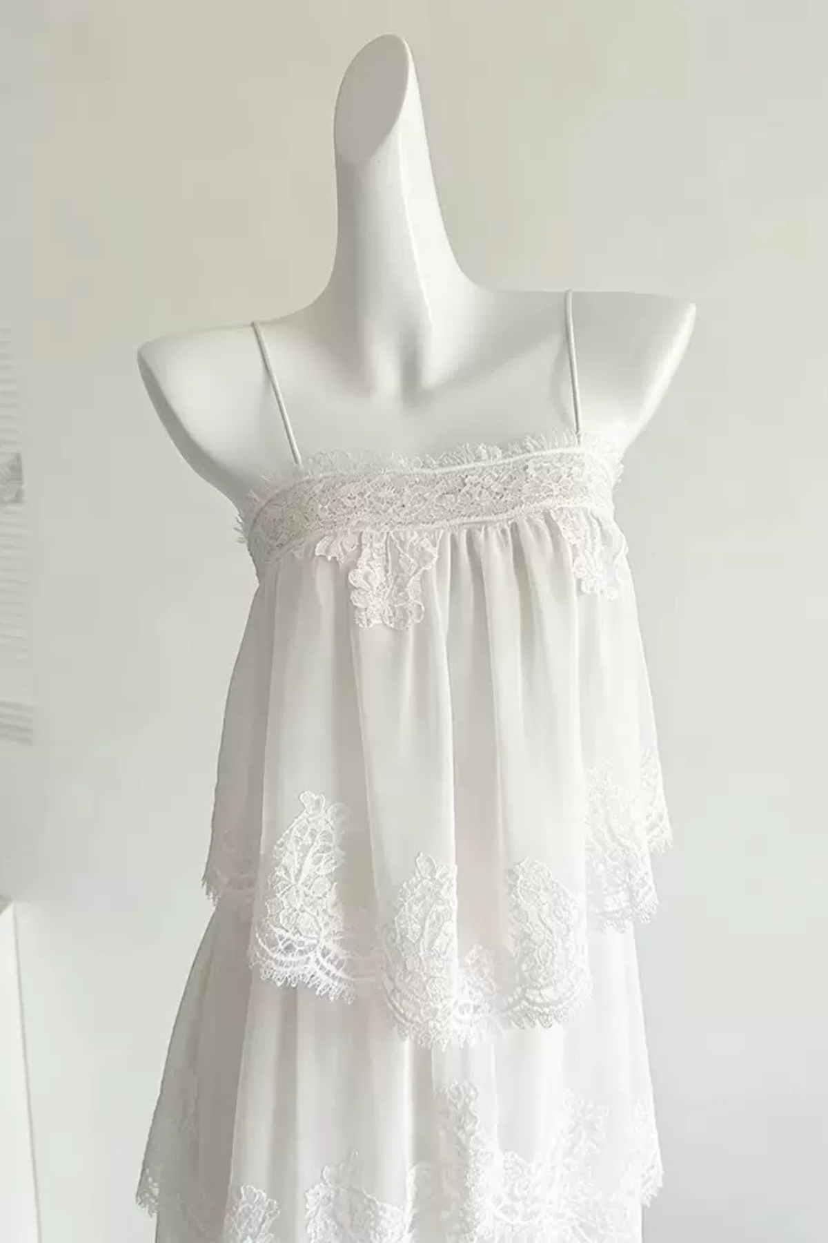 White Tiered Lace Spaghetti Strap Maxi Dress Avalabel