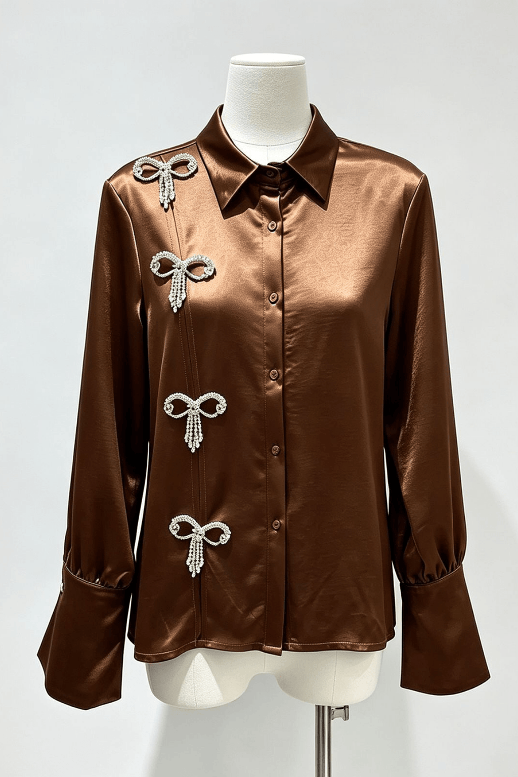 Daphne Rhinestone Bow Satin Long Sleeve Shirt Avalabel