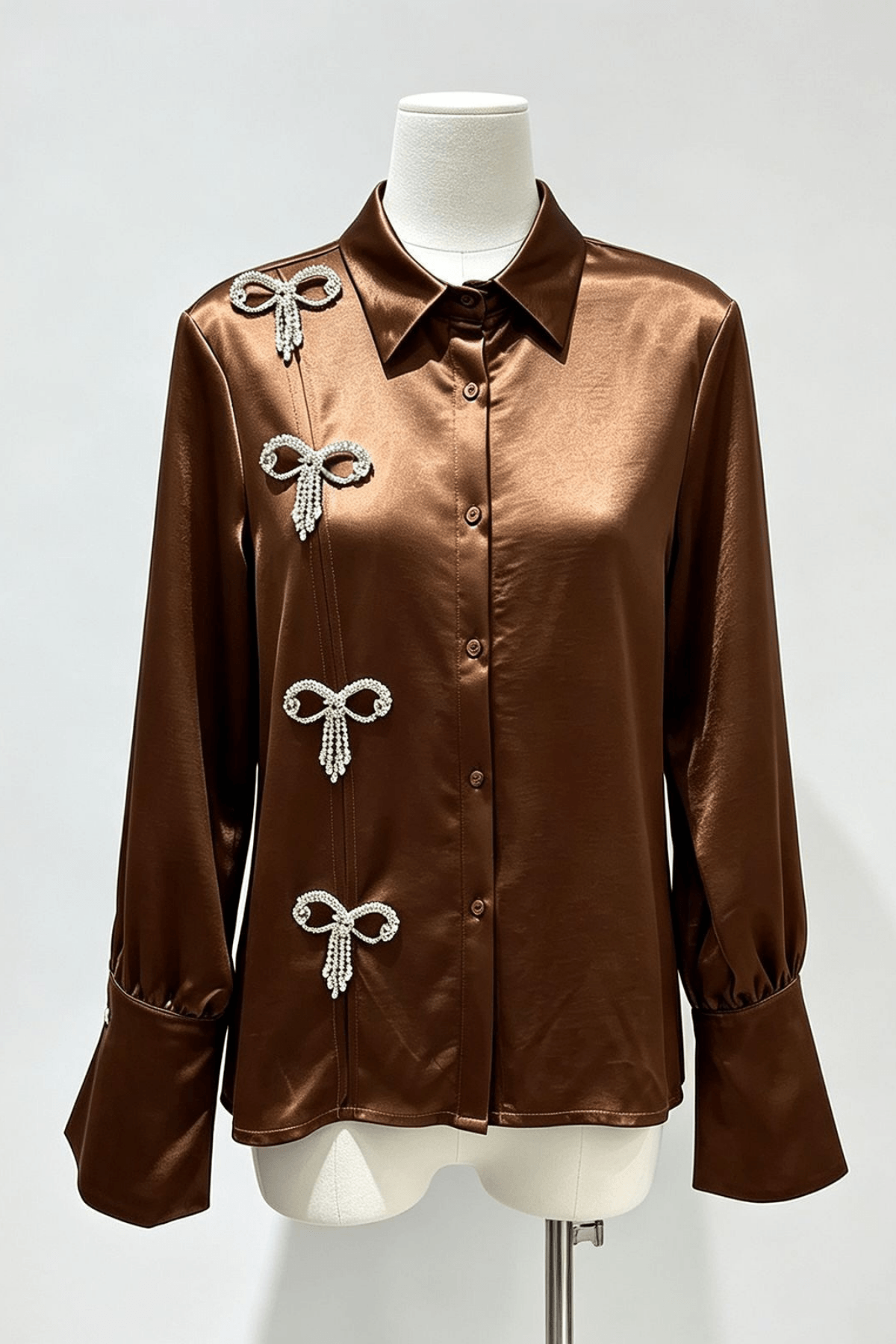 Daphne Rhinestone Bow Satin Long Sleeve Shirt Avalabel