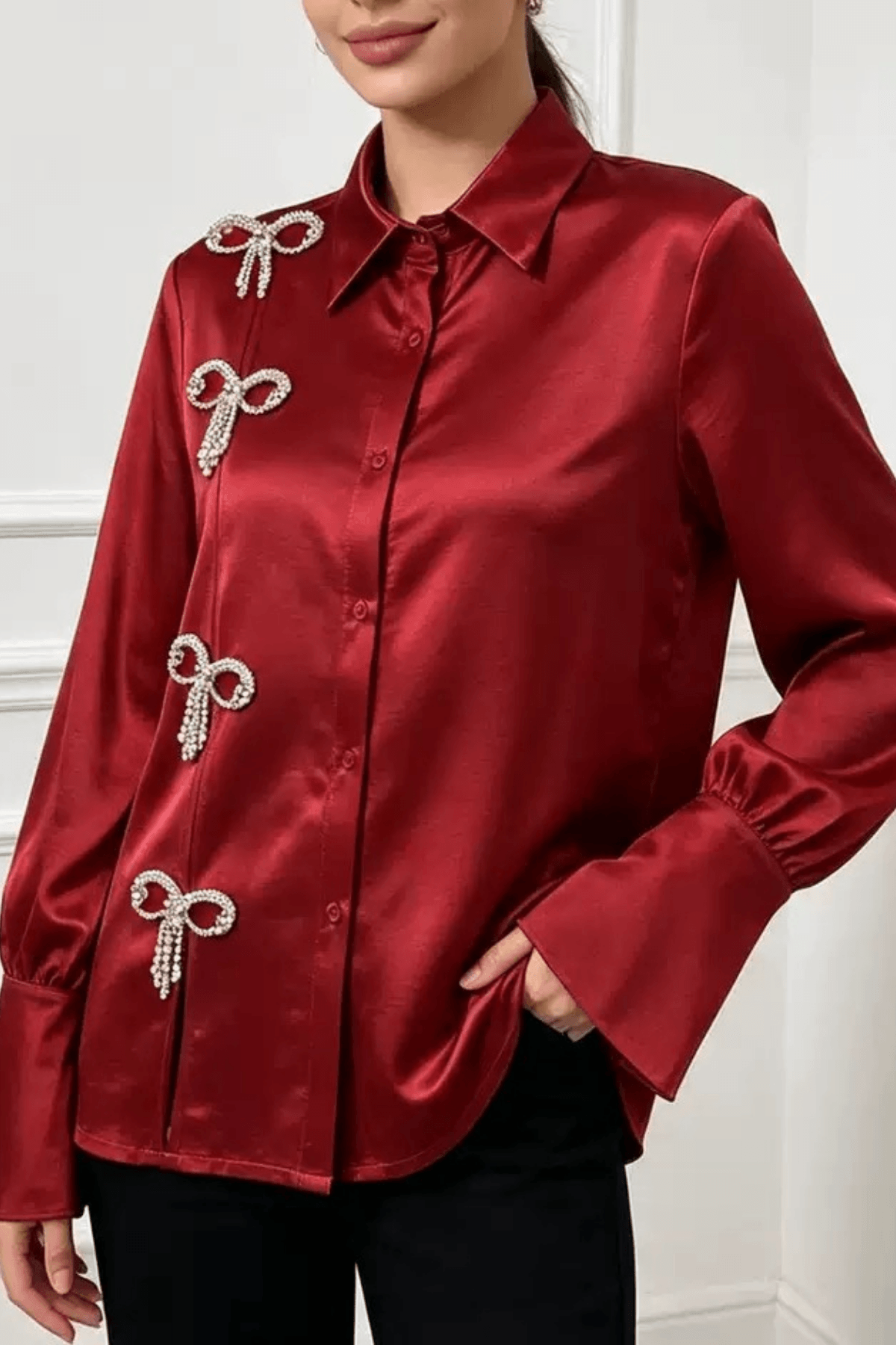 Daphne Rhinestone Bow Satin Long Sleeve Shirt Avalabel