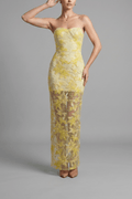 Yellow Strapless Floral Sequin Mesh Dress Avalabel