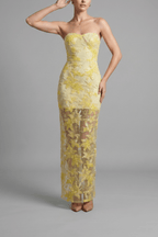 Yellow Strapless Floral Sequin Mesh Dress Avalabel
