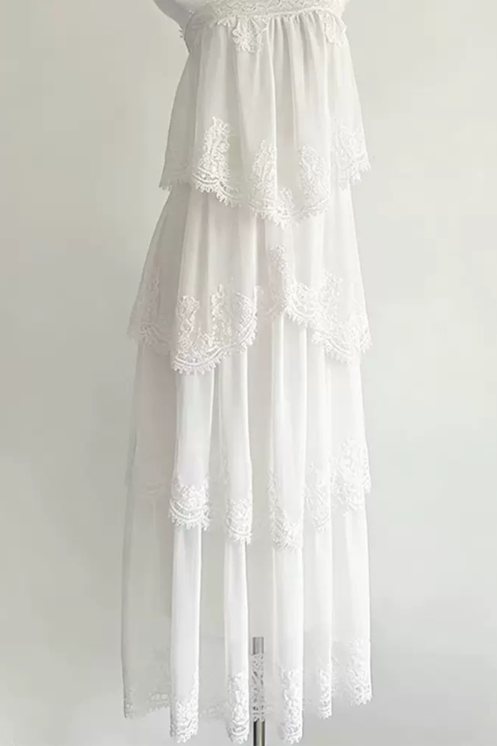 White Tiered Lace Spaghetti Strap Maxi Dress Avalabel