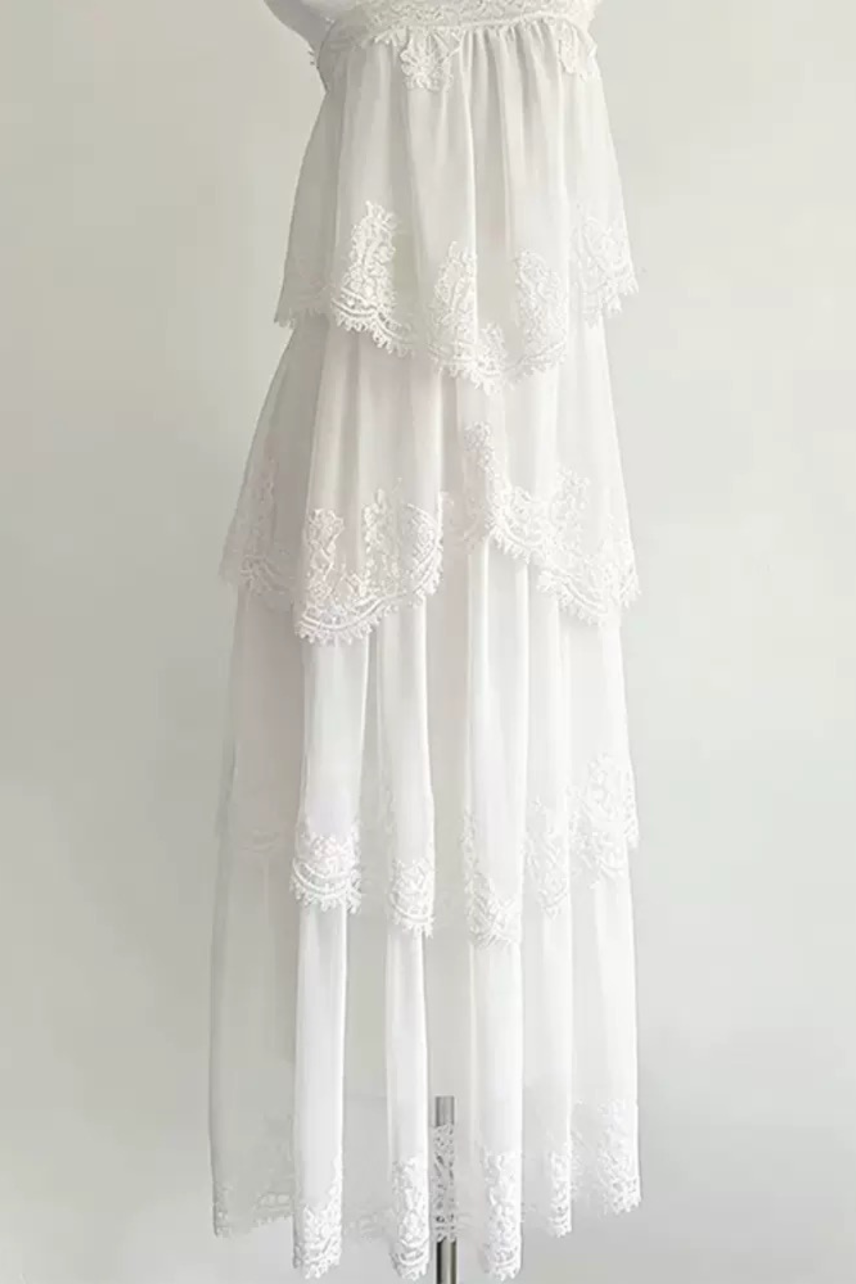 White Tiered Lace Spaghetti Strap Maxi Dress Avalabel
