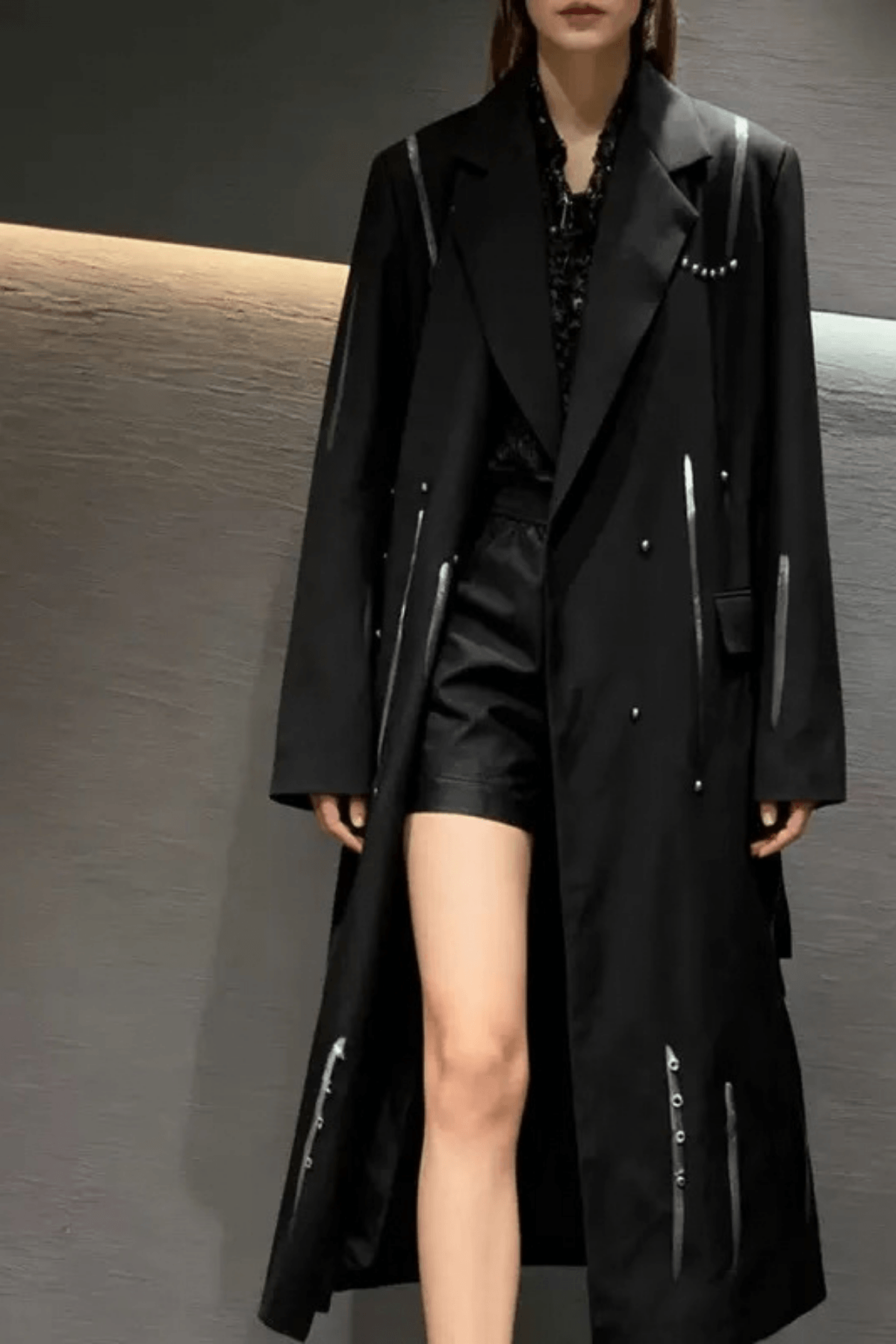 Asya Black Studded Strap Detail Long Coat Avalabel