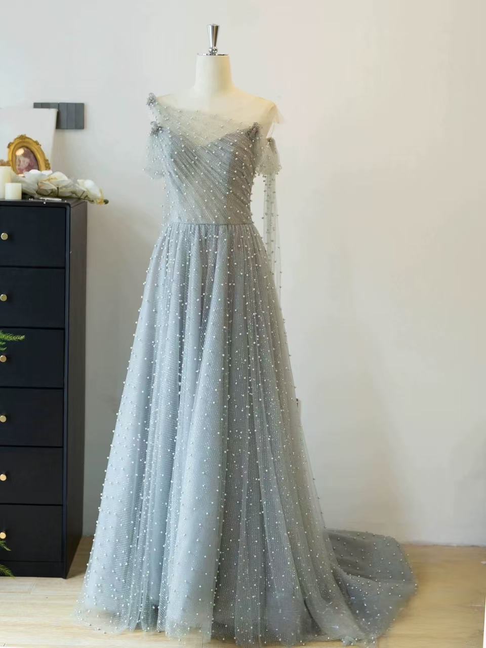 Dusty Blue one-shoulder pearl maxi evening dress