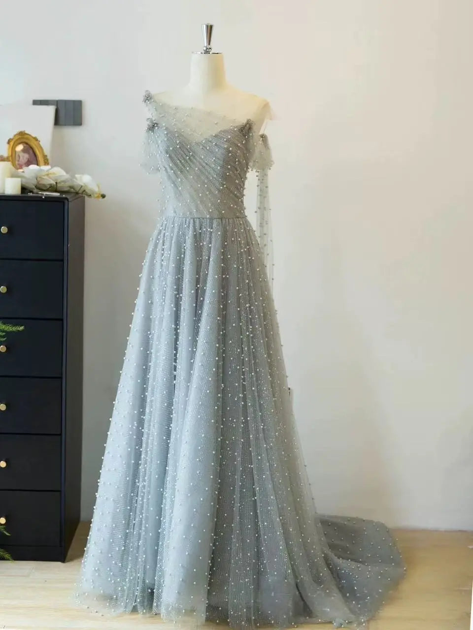 Dusty Blue one-shoulder pearl maxi evening dress Avalabel